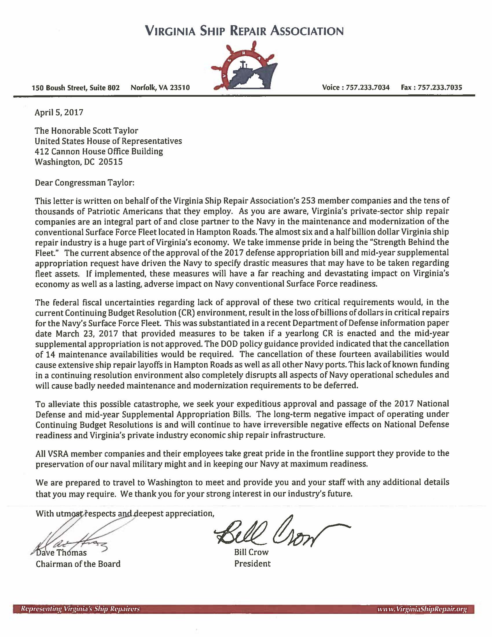 Scott Taylor Congressional Letter