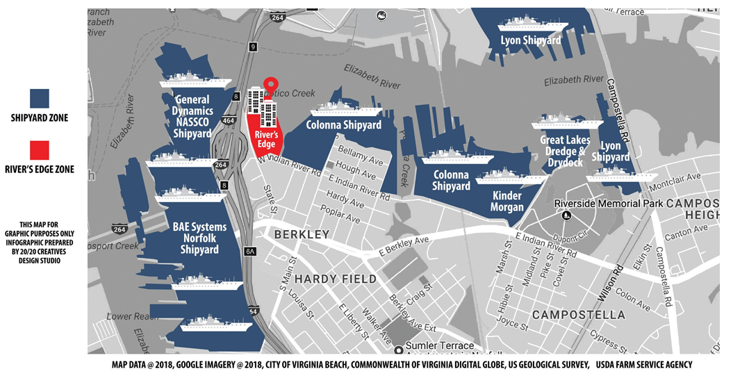 Map of River's Edge Placement in Relation to Shipyards